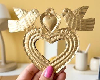 Small Gold Mirror Lata - Tin Sacred Heart, Mexican folk art, Milagro, Tin Decor, Ex-voto