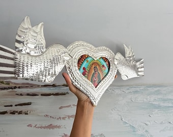 XL Nicho Guadalupe Silber - Dose Sacred Heart, Mexikanische Volkskunst, Milagro, Wanddekoration, Ex-Voto