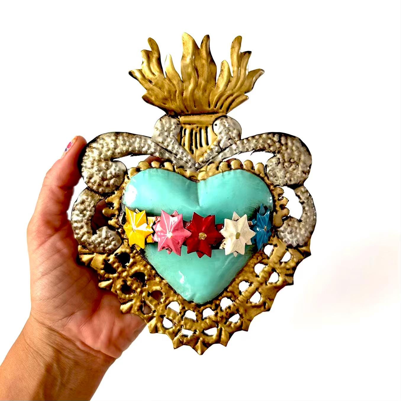 Banda De Flores 6”x 8” - Tin Sacred Heart, Mexican Folk Art, Ex