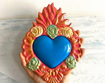 Decorado 6”x 8” - Tin Sacred Heart, Mexican Folk Art, Ex-voto, Wall Decor, Milagro