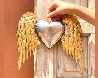Large Alas con Plumas - Tin Sacred Heart, Mexican Folk Art, Ex-voto, Milagro Decor
