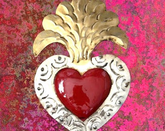 Medium Roche 8.25” - Tin Sacred Heart, Mexican Folk Art, Ex-voto, Milagro, Wall Decor
