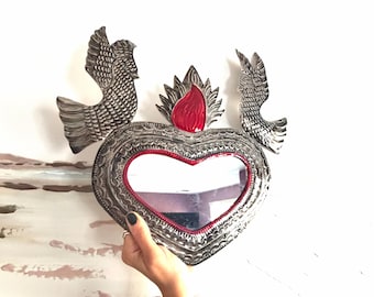 XL Pavonado Mirror Lata - Sacred Heart, Mexican Folk Art, Ex-voto, Wall Decor, Milagro