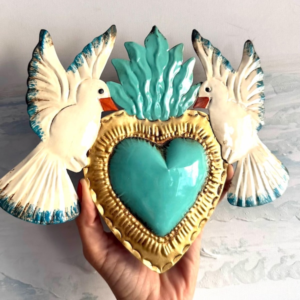 Dos Quetzales 10”(long) - Tin Sacred Heart, Mexican Folk Art, Milagro, Ex-voto, Vintage