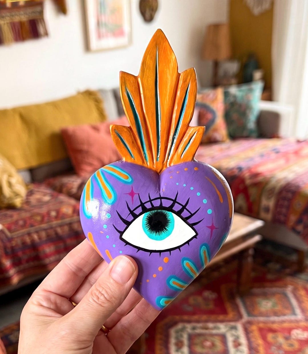 アート・デザイン・音楽 The Magnificent Jewels of Vera Hue Carved Wood Sacred Heart, Boho Milagro Mexico Hand-carved, Ojo