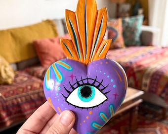 Carved Wood Sacred Heart, Boho Milagro Mexico Hand-carved, Ojo