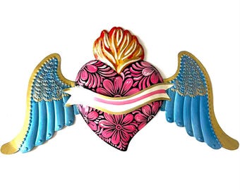 Decorado Mate con Liston - Tin Sacred Heart, Mexican Folk Art, Milagro, Wall Decor