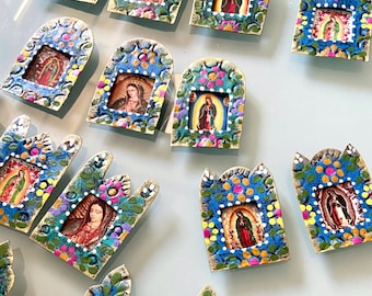 Mini Nicho Guadalupe 3”, Handmade Nicho Shrine Wall Decor, Mexican Folk Art Retablo, Milagro Folk Art Charm, Handmade by Mexican Artisans