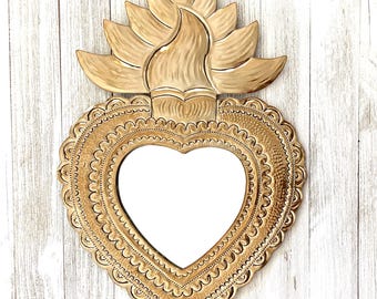 XL Vintage Mirror Lata - Sacred Tin Heart, Mexican folk art, ex-voto milagro decor