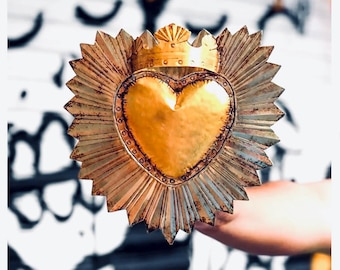 XL Resplandor Corona 13”x 13” - Tin Sacred Heart, Mexican Folk Art, Milagro, Wall Decor