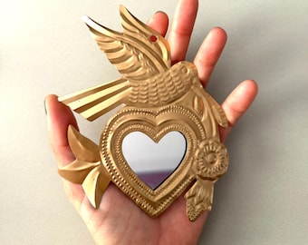 Medium Gold Mirror Lata - Sacred tin heart, Mexican folk art, ex-voto milagro