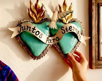 XL Juntos Siempre 13”(long) - Tin Sacred Heart, Mexican Folk Art, Milagro, Wall Decor, Ex-Voto