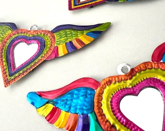 Medium Multicolor Hojas & Alas Mirror Lata - Tin Sacred Heart, Mexican folk art, ex-voto, milagro
