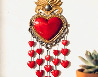 Corazoncitos Colgantes 15” - Tin Sacred Heart, Mexican Folk Art, Ex-voto, Milagro, Wall Decor