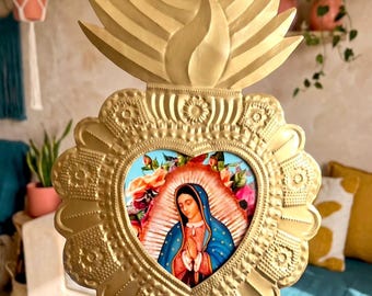 XL Nicho Guadalupe 15.5”(tall), Handmade Tin Nicho Shrine Wall Art, Mexican Folk Art Retablo, Milagro Folk Art Charm