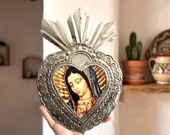 XL Nicho Guadalupe Pavonado, Handcrafted Tin Nicho Shrine Wall Decor, Mexican Folk Art Shadow Box, Milagro Ex-Voto Decor