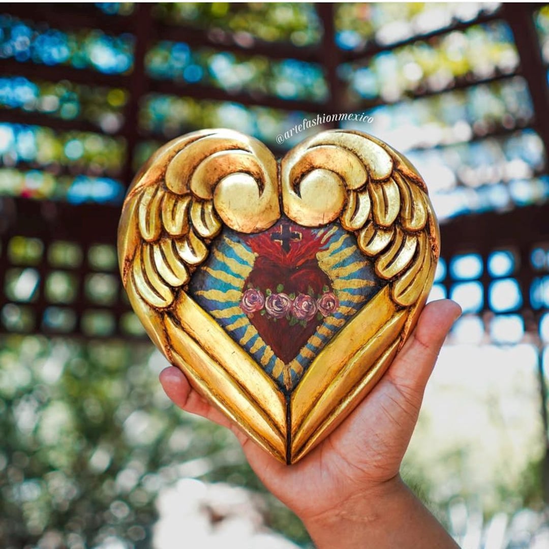 Abrazo Gold Alas Adentro, Handcrafted Wood Sacred Heart Wall Art