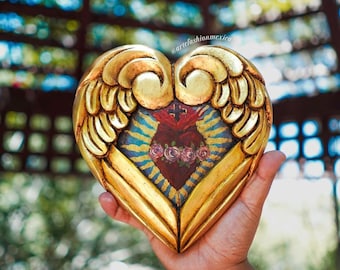 Abrazo Gold Alas Adentro - Wood Sacred Heart Vintage, Mexican Folk Art, Ex-voto, Wall Decor