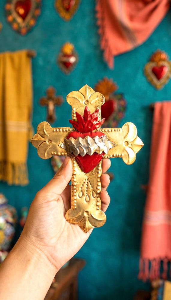 Medium Cruz Espinas 6.5”x 8”, Handcrafted Tin Sacred Heart Cross