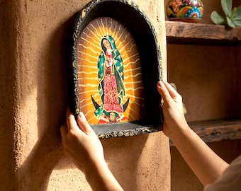 Retablo Guadalupe 10”x 13”x 2”, Handmade Nicho Shrine Wall Art, Mexican Folk Art Retablo, Milagro Folk Art Charm