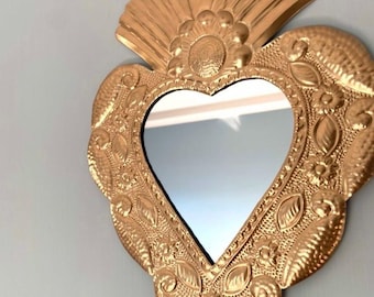 XL Rose Gold Mirror Lata - Sacred Heart, Mexican Folk Art, Ex-voto Milagro, Tin Decor