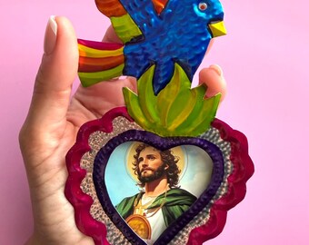 Saint Jude - Dose Sacred Heart, Mexikanische Volkskunst, Ex-voto, Milagro, Wanddekoration
