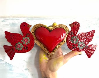Dos Enamorados 12”(long) - Tin Sacred Heart, Mexican Folk Art, Ex-voto, Milagro, Wall Decor