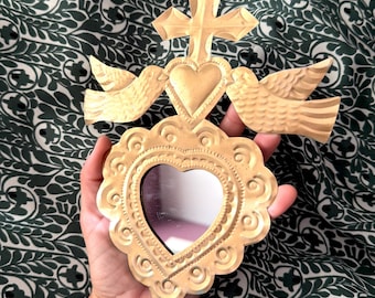Large Gold Mirror Lata - Sacred Heart, Mexican folk art, ex-voto milagro, Tin decor