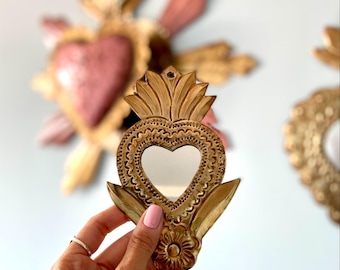 Medium Vintage Mirror Lata - Tin Sacred Heart, Mexican Folk Art, Ex-voto, Milagro, Wall Decor