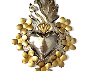 Siete Flores 7”x 10” - Tin Sacred Heart, Mexican Folk Art, Ex-voto, Milagro, Wall Decor