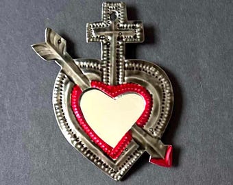 Small Pavonado Mirror Lata - Tin Sacred Heart, Mexican Folk Art, Ex-voto, Milagro, Wall Decor