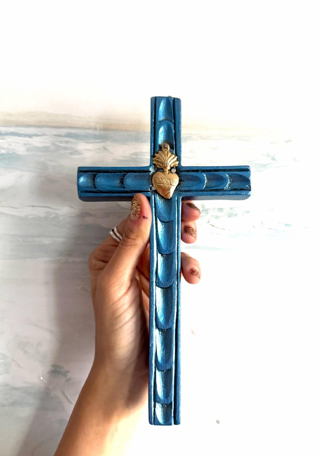 Cruz Tallada 8” - Wood Sacred Heart Milagros, Mexican Folk Art, Ex Voto ...