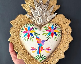 XL Tenango 9”x 13” - Sagrado Corazón de Estaño, Arte Popular Mexicano, Milagro, Ex-voto, Decoración de Pared