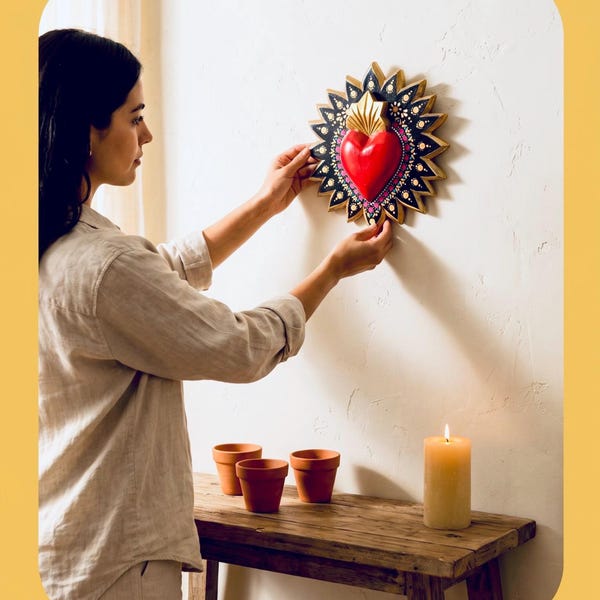 Puede incluir: Un adorno de pared con forma de corazón sagrado que presenta un corazón central rojo brillante, una llama dorada en la parte superior y un marco negro en forma de sol decorado con puntos blancos y rosas y bordes dorados.