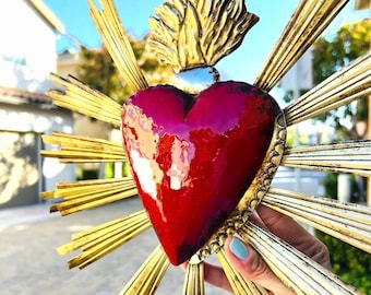 XL Union 13 ”x 13” - Blechdose Sacred Heart, Mexikanische Volkskunst, Ex-voto, Milagro, Wanddekoration