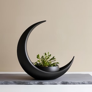 May include: A black, crescent-shaped planter with a small, round pot nestled inside, holding green plants. The planter sits on a gray, rectangular surface. The design is modern and minimalist.