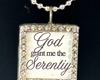 Serenity Prayer Rhinestone Pendant Necklace 1"x1" Silver Soldered: Christian Jewelry