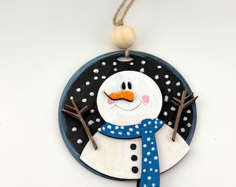 Snowman Ornament | Hand-Painted Rustic Wood Holiday Decor