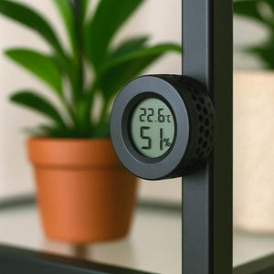 Może przedstawiać: Czarny, cyfrowy higrometr wyświetlający 22,6°C i 51% wilgotności, zamontowany na czarnej metalowej półce. W tle doniczka z rośliną i zielona roślina.