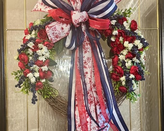 Patriotic Wreath for Front Door | Red White Blue Summer Wreath | 4th of July Decor | Americana Floral Wreath | Memorial Day to Labor Day