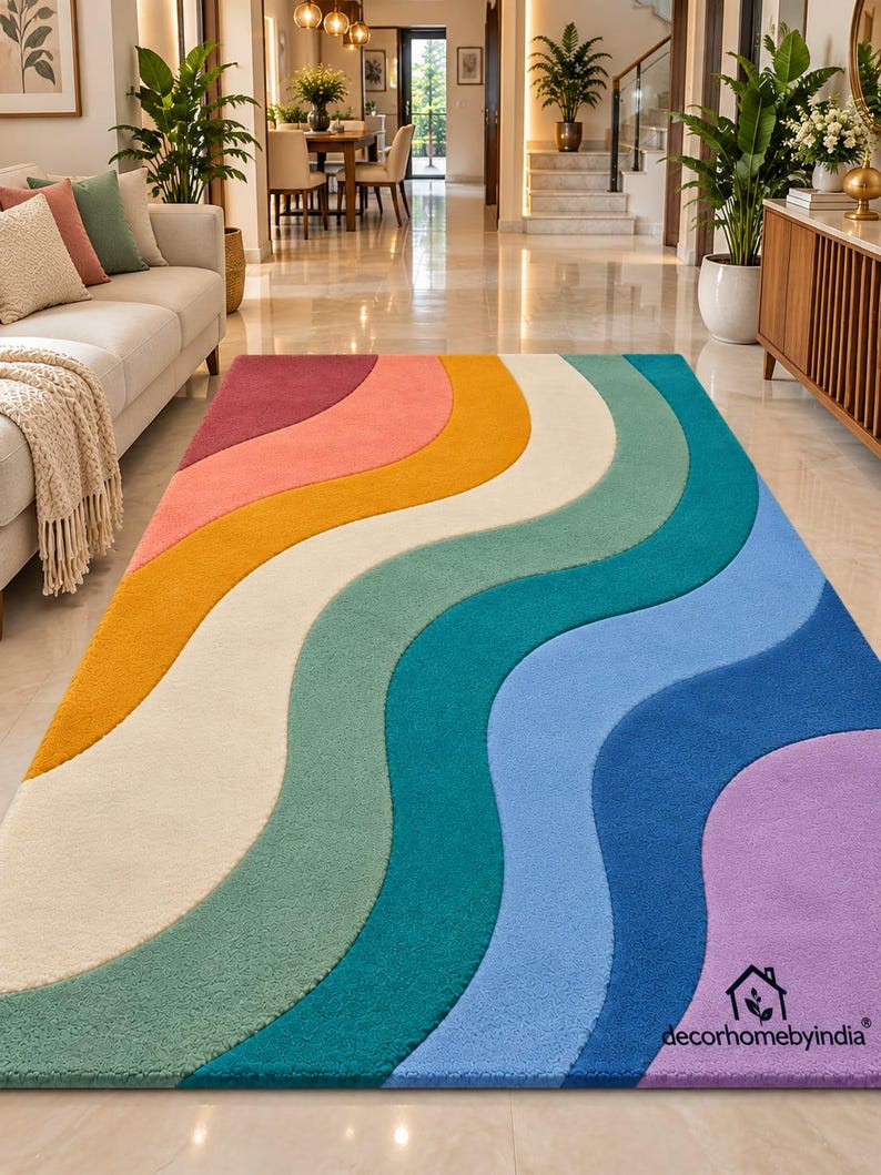 Hand Tufted Rainbow Area Rug – Colorful Abstract Wave Pattern Carpet ...