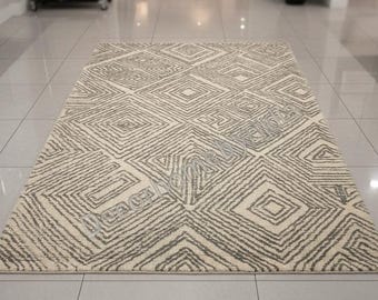 Hand-Tufted Wool Area Rug, Bohemian Geometric Diamond Pattern, Custom Size