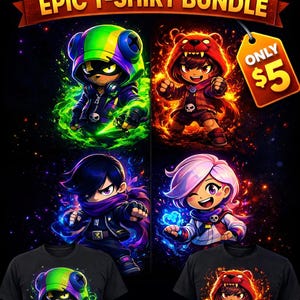 May include: Image of an "EPIC T-SHIRT BUNDLE" with four cartoon character designs. The characters are depicted in dynamic poses with bright colours. The text "INCREDIBLE DEAL! READY TO PRINT!" is also visible.