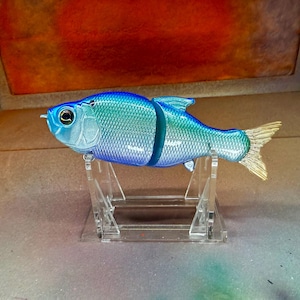 May include: A blue and green fish-shaped fishing lure with a segmented body and a gold-colored tail fin. The lure is displayed on a clear acrylic stand, showcasing its detailed design and color gradient.