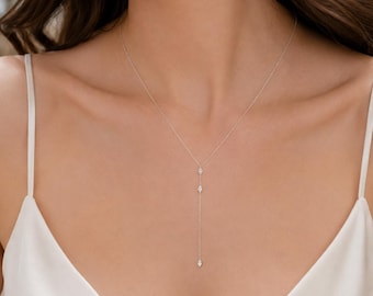 Marquise Y Necklace, Dainty Lariat Necklace, Sterling Silver Drop Necklace, Minimalist Bridal Jewelry, Gift for Her