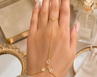 Gold Plated Hand Chain Bracelet, Bridal Hand Harness, CZ Marquise Slave Bracelet, Dainty Wedding Jewelry, Gift for Her