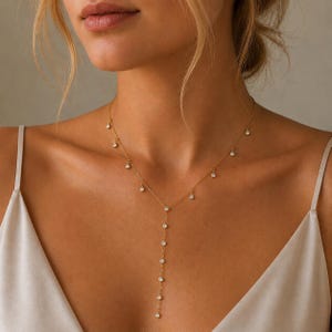 Collar Y Chapado en Oro, Collar Colgante CZ Delicado, Collar Lariat Minimalista Dorado, Joyería en Capas, Regalo para Ella, Joyería Nupcial