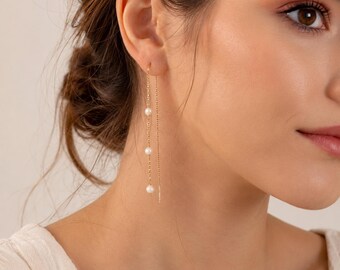 Vergoldete Perlen Einfädler Ohrringe, Zierliche Perlen Tropfen Ohrringe, Minimalistische Ketten Ohrringe, Brautschmuck Geschenk für Sie