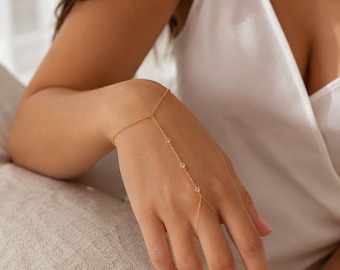 Gold Plated Hand Chain Bracelet, Dainty CZ Hand Harness, Minimalist Slave Bracelet, Bridal Hand Jewelry, Gift for Her