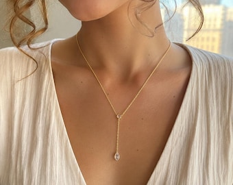 Gold Plated Y Necklace, Crystal Drop Pendant Necklace, Dainty Minimalist Jewelry, Bridal Necklace, Gift for Her